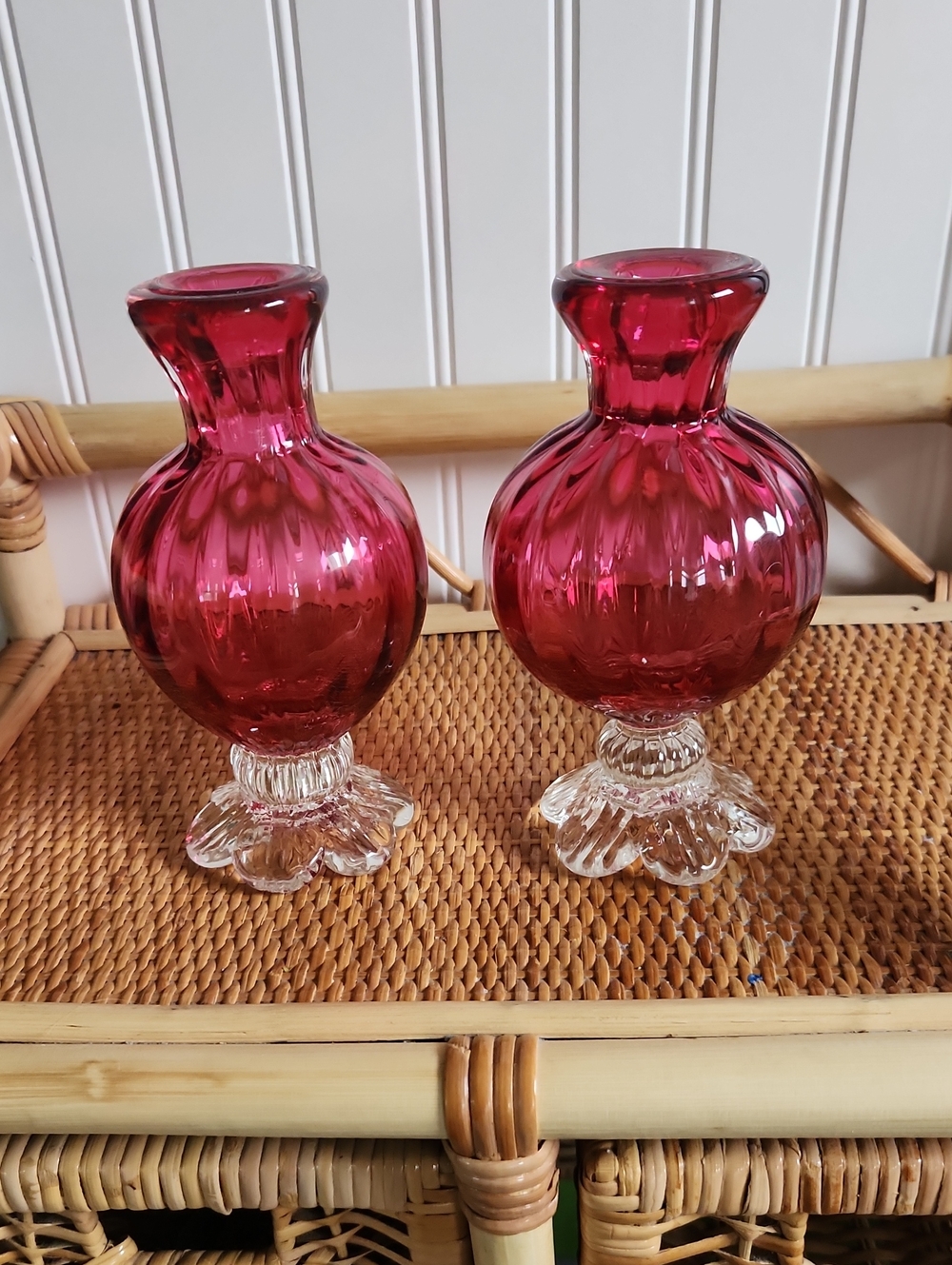 Pair Cranberry Glass Candleholders